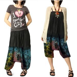 Harem Pants Jumpsuit Women One Size Black Half Tie Dye Circles Baggy Boho Hippie